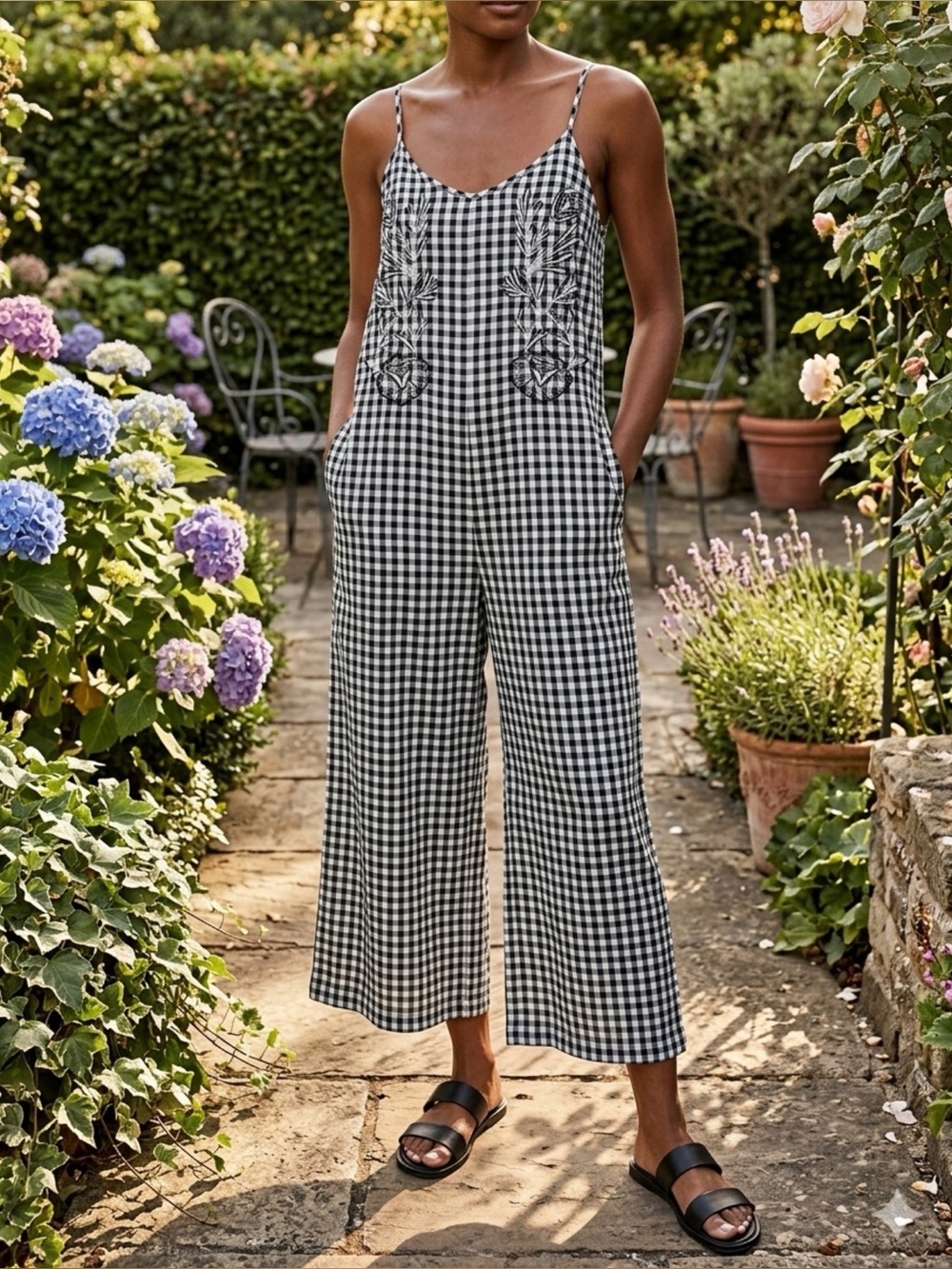 Cost Plus World MarketCaila Black & White Gingham Embroidered Wide Leg Jumpsuit